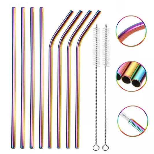 Rainbow Color Reusable Metal Straws with Cleaner Brush - Stainless Steel